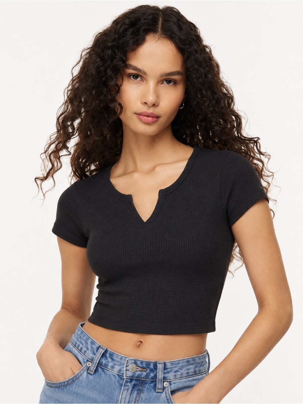 Aritzia Tna Waffle Notch T-Shirt Thermal Ribbed Fitted Crop Top Black Size S